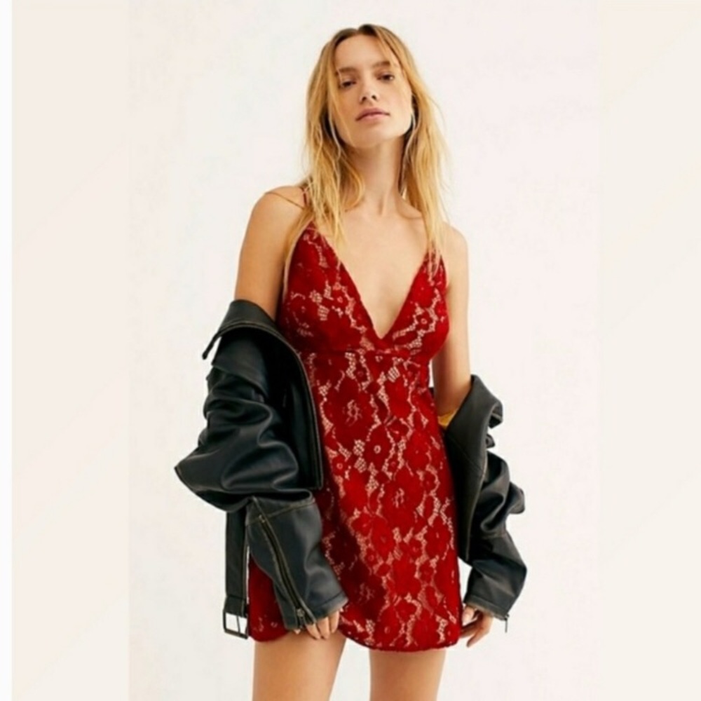 NWT, Red Dress Laced Free People deep Vneck mini - Picture 4 of 12